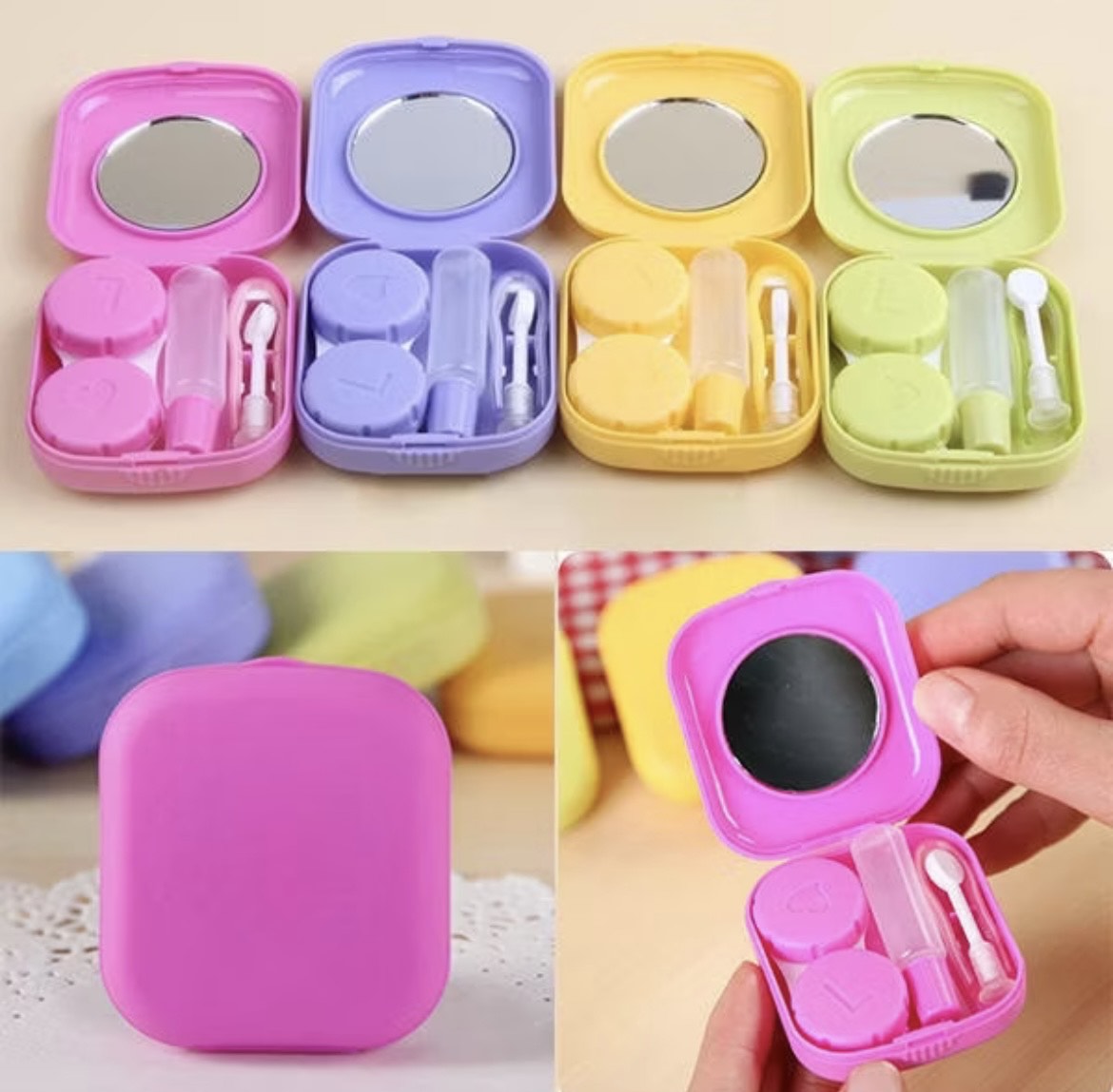 Estojo Lovely para lentes de contato - com espelho, pinça, bastão e frasco | Kit portátl