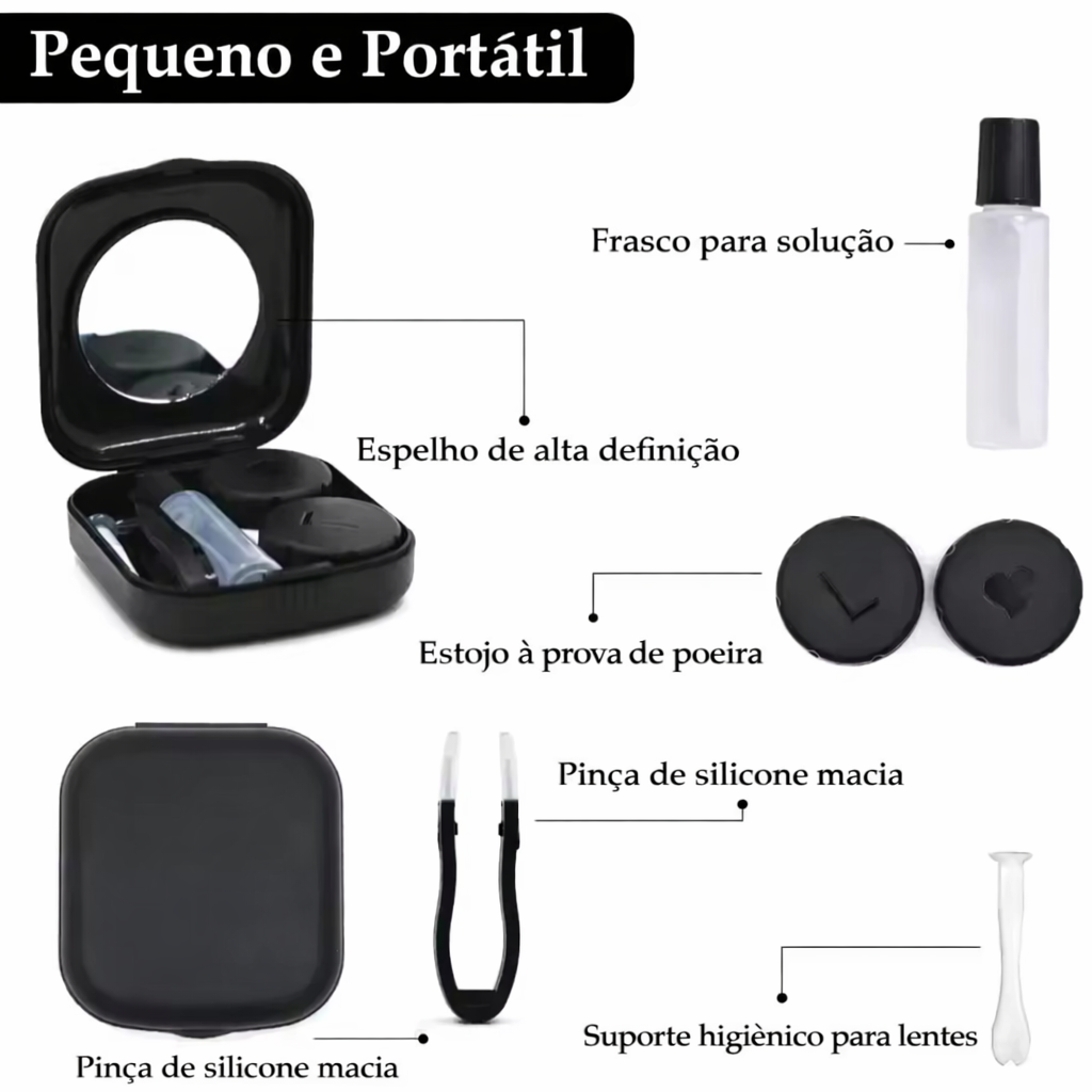 Estojo Lovely para lentes de contato - com espelho, pinça, bastão e frasco | Kit portátl